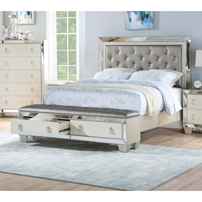 Everly Quinn Glam Luxurious Bed with Drawers, Mirror Accents and